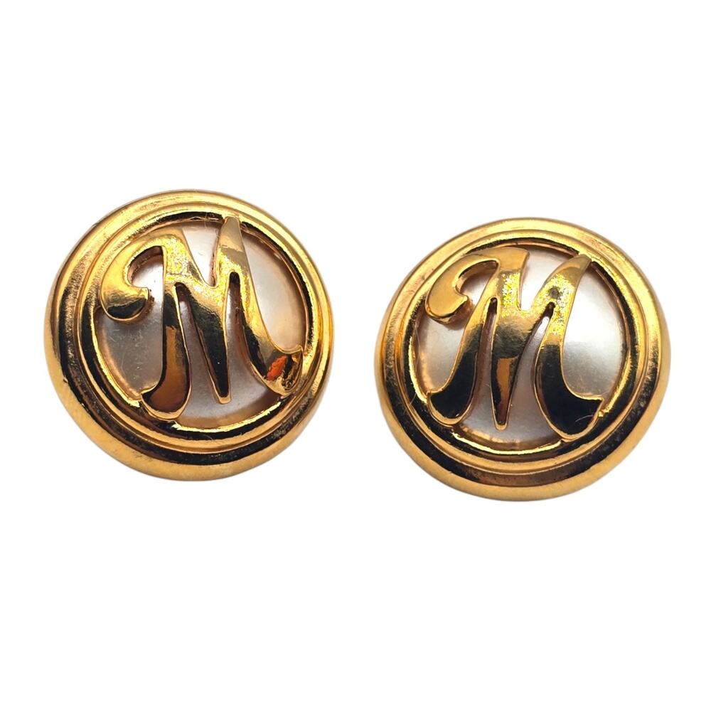 Vintage Monogram Letter M Earrings Pierced Gold Tone Creamy Off White Background